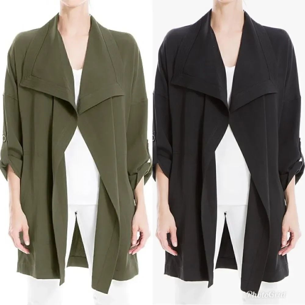 Max Studio Plus Size Twill Draped Long Jacket, Ash Gray Grey